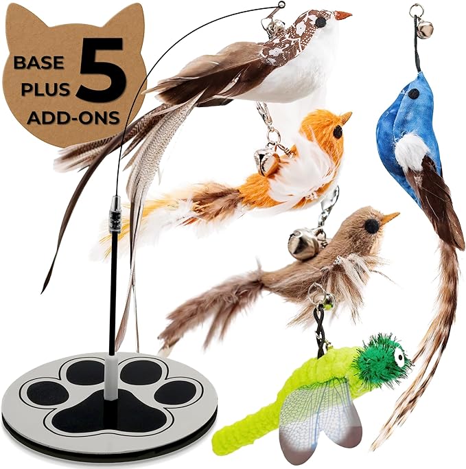 Interactive Cat Toys for Bored Indoor Adult Felines - Any Surface Base Teaser Wand - Feather Stimulation Activity - Bird Simulation Self Play Kitten Enrichment Solo Exercise - Juguetes para Gatos