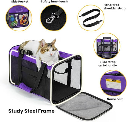 Cat Carrier Bag,Soft-Sided Pet Carriers for Dogs with 4-Sided Mesh,Airline Approved Cat Transport Carrier for Small&Medium Cats Kitten Puppy Up to 15LB,Collapsible Cat Travel Carrier-M,Purple