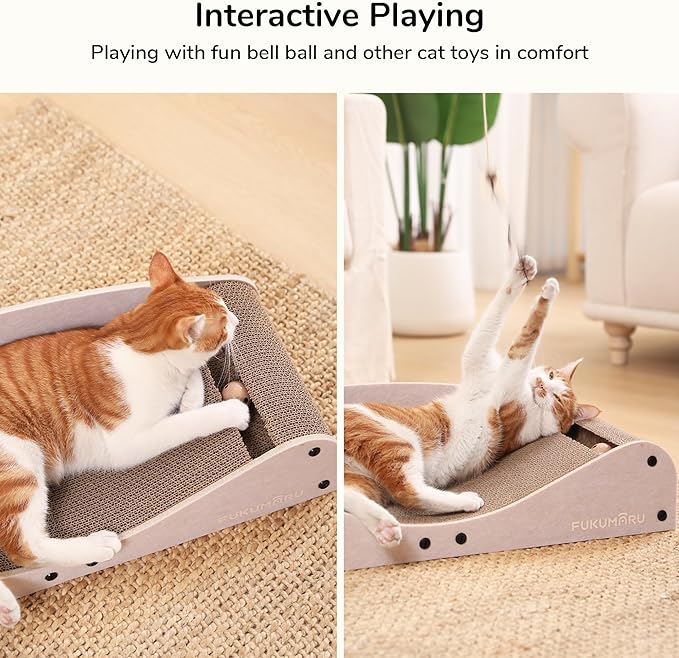 FUKUMARU Cardboard Cat Scratcher Bed, Extra Long 29.1 Inch Cat Scratch Bed Couch Indoor, Natural Felt Multifunctional Cats Scratching Lounger, Horizontal Kitten Cats Scratch Pad with Ball Toy, Camel