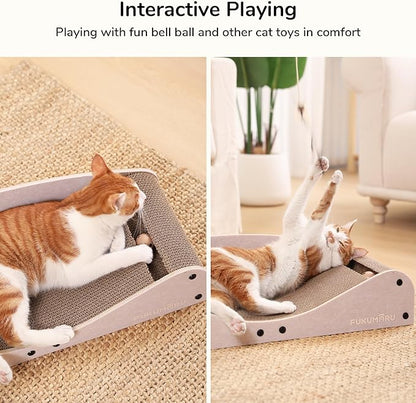 FUKUMARU Cardboard Cat Scratcher Bed, Extra Long 29.1 Inch Cat Scratch Bed Couch Indoor, Natural Felt Multifunctional Cats Scratching Lounger, Horizontal Kitten Cats Scratch Pad with Ball Toy, Camel