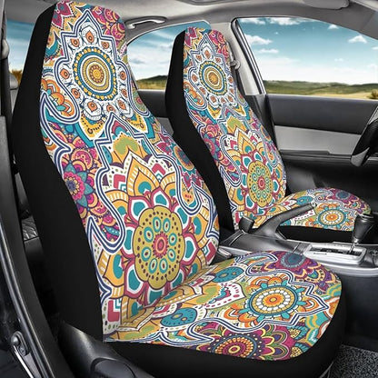 Dreaweet Boho Car Seat Covers Front Seats Mandala Lotus Flower Car Accessories for Women Interior 2 Piece Washable Universal Seat Covers for Cars SUV Sedan Easy to Install