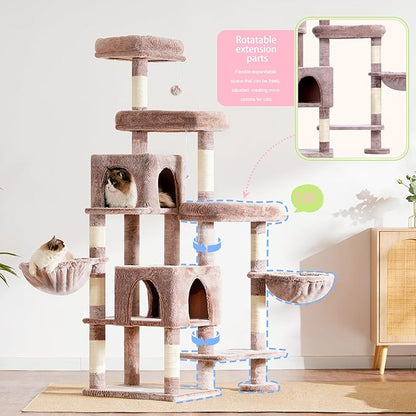 Hey-brother Cat Tree Tower, Scratching Posts with a Extended Part, Wide Platforms, Cozy Condos, Hammocks, Sisal Columns and Ball for Indoor Cats, 70.1 Inches, Muchroom MPJ038MU