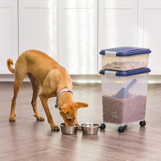 IRIS USA Dog Food Storage Container 30 lb + 11 lb, Stackable Combo Set, Airtight Pet Food Storage Bins with Wheels for Dog Cat Bird Chicken Food, BPA Free, Made in USA, Navy