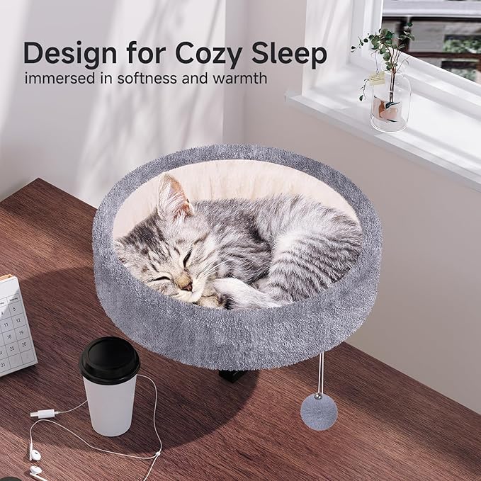Cat Desk Bed - 360° Rotating & Adjustable, Supports 50 lbs, Soft Faux Fur with Dual-Sided Reversible Mat, Modern Indoor Cat Nest Furniture for Office Desks and Game Tables, Island Table