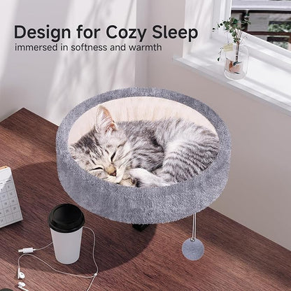 Cat Desk Bed - 360° Rotating & Adjustable, Supports 50 lbs, Soft Faux Fur with Dual-Sided Reversible Mat, Modern Indoor Cat Nest Furniture for Office Desks and Game Tables, Island Table