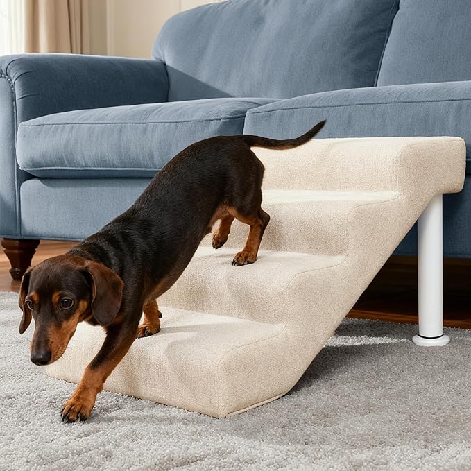 Leather Dog Stairs, 19.7" Extra Wide Dog Steps for Bed & Sofa, Adjustable Height 13.78"-17.32” Pet Ramp for Small to Large Dogs, Holds Up to 150 lbs（4-Step）