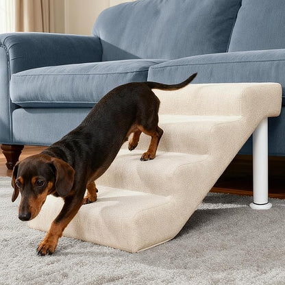 Leather Dog Stairs, 19.7" Extra Wide Dog Steps for Bed & Sofa, Adjustable Height 13.78"-17.32” Pet Ramp for Small to Large Dogs, Holds Up to 150 lbs（4-Step）
