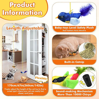 Interactive Cat Toys for Indoor Cats, Retractable Door Hanging Cat Toys with Catnip and Feathers, 3 Pack Chirping Bird Cat Toy for Chase Exercise Boredom Buster for Kittens & Adult Cats