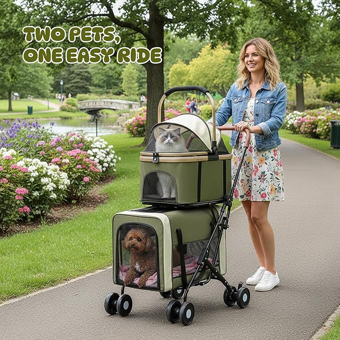 Double Pet Stroller for Dogs and Cats, One-Step Folding Dog Stroller Travel Carriage for Small Medium Dogs Cats, 2 Detachable Carrier Bags, 4 Lockable Wheels (Army Green)