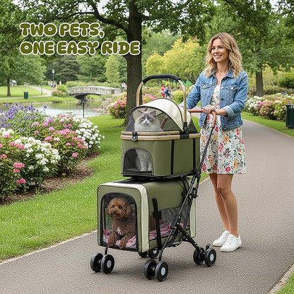Double Pet Stroller for Dogs and Cats, One-Step Folding Dog Stroller Travel Carriage for Small Medium Dogs Cats, 2 Detachable Carrier Bags, 4 Lockable Wheels (Army Green)