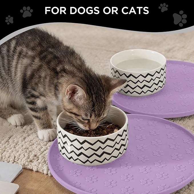 Comtim Waterproof Dog Food Mat - 2 Pack Silicone Pet Food Mat Dog Food Bowl Mats Cat Water Mats Eating Tray, Non-Slip Pet Placemat with Lip for Messy Drinkers to Protect Floor, Lavender 11"×11"