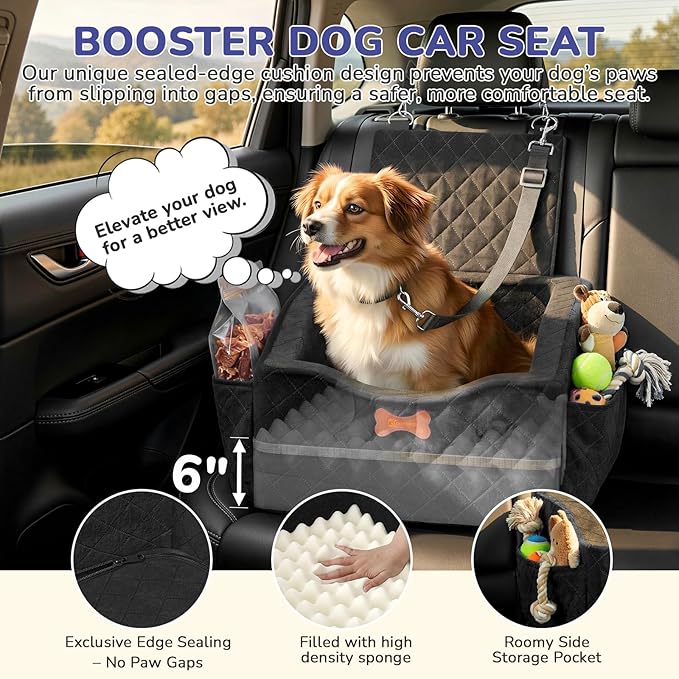 Dog Car Seat for Small Medium Dogs, 6" Elevated Dog Booster Seat with ISOFIX Safety Fixation, Washable Cover & High Density Memory Foam, Portable for Car Front/Rear/Trunk Home Outdoor Use (Jet Black)
