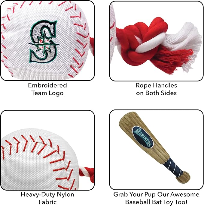 MLB SEATTLE MARINERS Baseball Rope Toy for DOGS & CATS. Tough nylon, Sporty Baseball Design, Heavy-duty ropes with Inner SQUEAKER