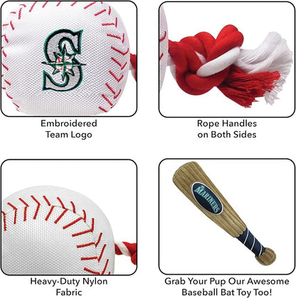 MLB SEATTLE MARINERS Baseball Rope Toy for DOGS & CATS. Tough nylon, Sporty Baseball Design, Heavy-duty ropes with Inner SQUEAKER