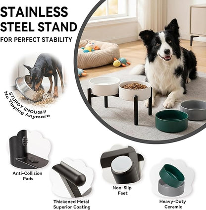 Dog Bowls Elevated - Ceramic Raised Dog Bowl with Non Slip Steel Stainless Stand - No Spill and Heated Feeding Station - Food and Water Dish Set for Medium to Large Pet - Each Holds 7.5 Cups – Grey