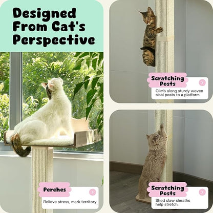 Cat Window Perch with Thick Sisal Scratching Post, Cat Hammock for Window, 53.5" Adjustable Tall Cats Scratching Post with 2 Upgrade Suction Cups, Cats Window Bed with Fluffy Cushion, Sisal