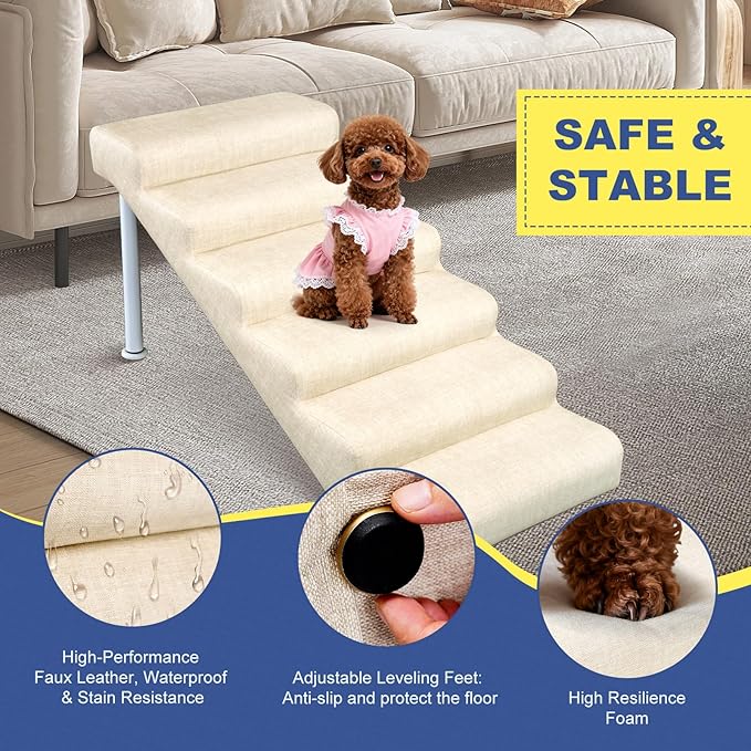 DoCred Adjustable Pet Stairs for Beds & Sofas - 6 Step 21.2"-24.4" H Non-Slip Dog Stairs for Small to Medium Dogs & Cats, Supports up to 150 lbs - Linen Faux Leather Dog Steps