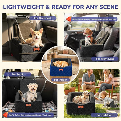 Dog Car Seat for Small Medium Dogs, 6" Elevated Dog Booster Seat with ISOFIX Safety Fixation, Washable Cover & High Density Memory Foam, Portable for Car Front/Rear/Trunk Home Outdoor Use (Jet Black)