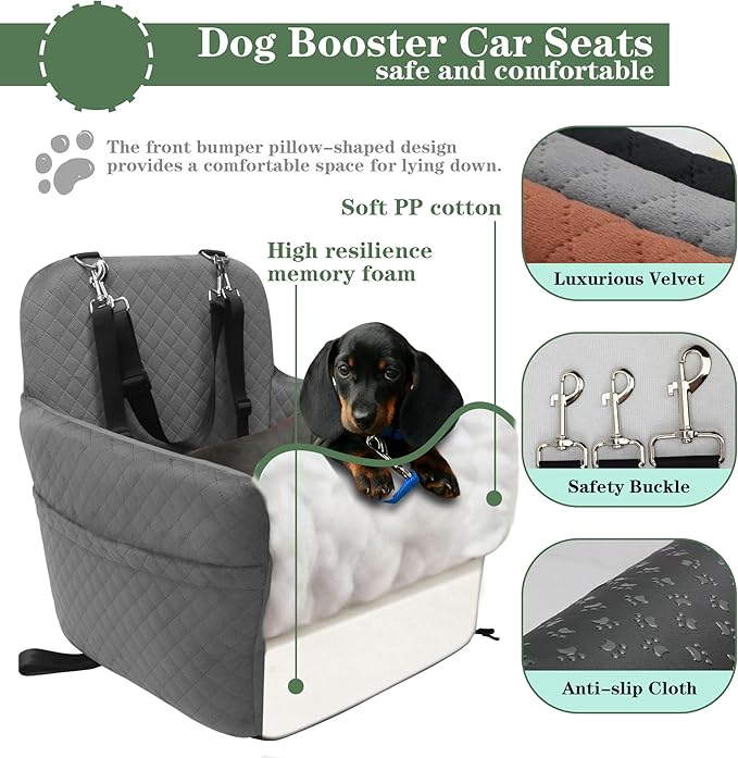 Dog Car Seat for Small/Medium Dogs,2 Adjustable Seat Belt,Memory Foam with Soft Fabric Pets Travel Car Bed with Non-Slip Bottom,Easily Installed in Front and Back Seats,Removable and Washable(H-Grey