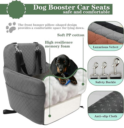 Dog Car Seat for Small/Medium Dogs,2 Adjustable Seat Belt,Memory Foam with Soft Fabric Pets Travel Car Bed with Non-Slip Bottom,Easily Installed in Front and Back Seats,Removable and Washable(H-Grey