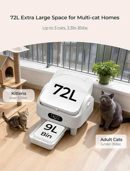 Automatic Self Cleaning Cat Litter Box, Smart Toilet App Control, 360° Dual Safety with 10 Sensors, Auto Leveling 72L Large Litter Box for Multiple Cats, 3 Odor Control, 2.4G&5G WiFi, 6" LED Display