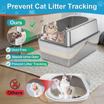 XXL All Stainless Steel Sifting Litter Box with Lid,Sifting Cat Litter Box for Wood Pine Pellets,High Sides Sifter Litter Pan System,Odor Control,Easy to Clean,with Liners and Scoop