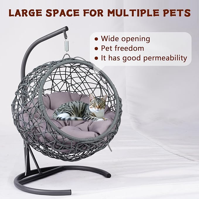 Anwick Cat Swing Bed with Stand & Cushion Indoor Outdoor, Egg Chair with Rattan Wicker Appearance, Indoor Hanging Swinging Hammocks for Cat, Dogs, and Small Animals Bedroom Porch (Gray)