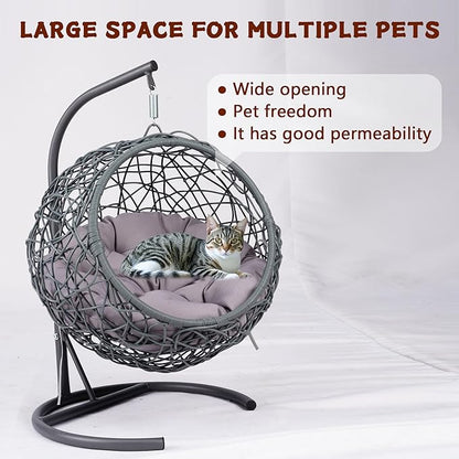 Anwick Cat Swing Bed with Stand & Cushion Indoor Outdoor, Egg Chair with Rattan Wicker Appearance, Indoor Hanging Swinging Hammocks for Cat, Dogs, and Small Animals Bedroom Porch (Gray)