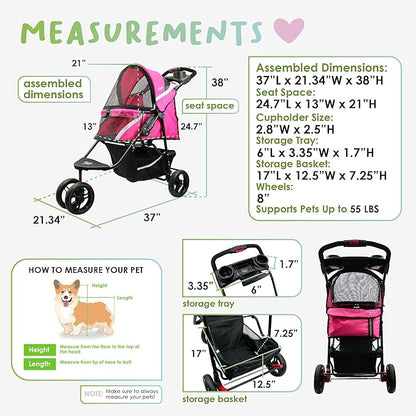 Petique Revolutionary Durable Pet Stroller, Easy Fold, Quality mesh Windows, Large Storage Basket, Secure Cup Holder Tray, Small/Medium Dogs, Cats and Pets, Supports up to 55LBS - Supernova (Pink)