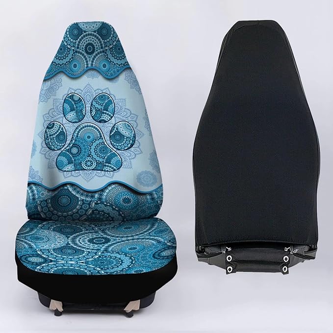Blue Boho Paw Mandala Foral Printed Car Seat Cover Only for Front, 2-Piece Waterproof Soft Vehicle Bucket Seat Protetors Fits for Car SUV Sedan Truck