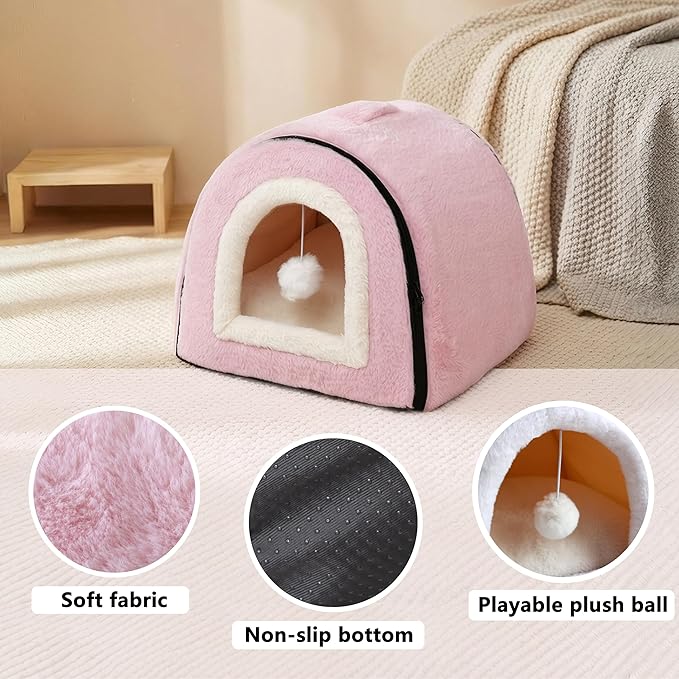 Cat Bed for Indoor Cats，Foldable cat cave，Anti-Slip & Water-Resistant Bottom，cat Houses for Indoor Cats or Small Dogs, Kitten Tent, Rabbit Bed，2 in 1 pet Bed (Pink)