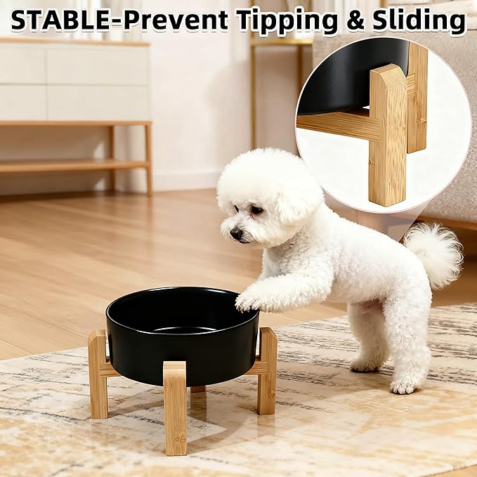 Elevated/Raised Ceramic Dog Bowl with Bamboo Stand，6 Inch 3.6 Cups Non Slip Heavy Weighted Single Pet Dish, for Small Medium Breed & Cats,Reduces Neck Strain Black