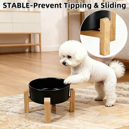 Elevated/Raised Ceramic Dog Bowl with Bamboo Stand，6 Inch 3.6 Cups Non Slip Heavy Weighted Single Pet Dish, for Small Medium Breed & Cats,Reduces Neck Strain Black