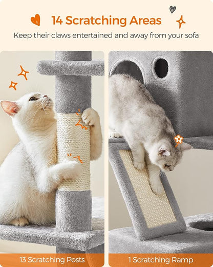 Feandrea Cat Tree, 81.1-Inch Large Cat Tower, Multi-Level Plush Condo with 13 Scratching Posts, 2 Perches, 2 Caves, Basket, Hammock, Pompoms, Light Gray UPCT190W01