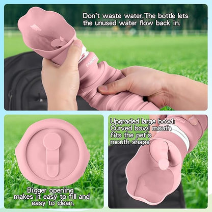 Portable Dog Water Bottle, Collapsible Silicone Dog Water Bottle with Bowl, Squeeze Leak-Proof Travel Water Dispenser for Walking, Hiking & Camping, 225–550ml (Pink)
