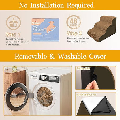 Dog Stairs for Small Dogs, Wide Pet Step with Removable Cover, No Assembly High Density Foam Cat Ramp for Bed or Sofa, 5-Step, Light Brown