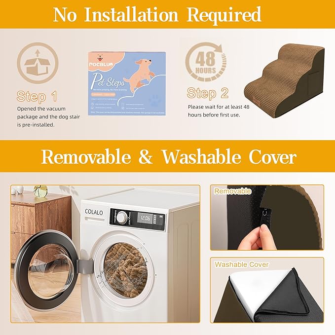 Dog Stairs for Small Dogs, Wide Pet Step with Removable Cover, No Assembly High Density Foam Cat Ramp for Bed or Sofa, 4-Step, Light Brown