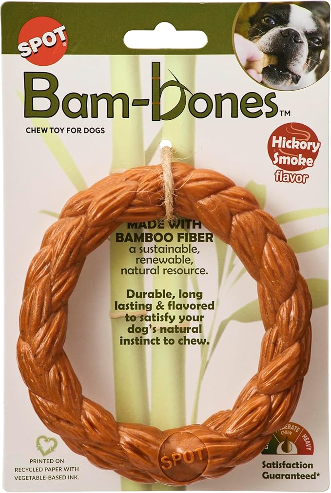 SPOT Bam-Bones Braided Ring - Made with Strong Bamboo Fiber, Durable Long Lasting Dog Chew Toy for Light to Moderate Chewers, for Adult Dogs & Teething Puppies Under 30lbs, 5in, Hickory Smoke Flavor