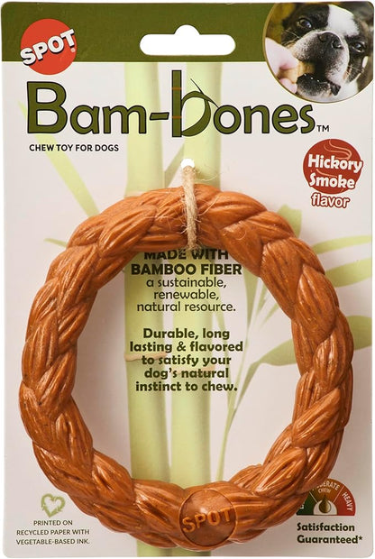 SPOT Bam-Bones Braided Ring - Made with Strong Bamboo Fiber, Durable Long Lasting Dog Chew Toy for Light to Moderate Chewers, for Adult Dogs & Teething Puppies Under 30lbs, 5in, Hickory Smoke Flavor