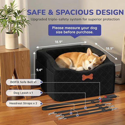 Dog Car Seat for Small Medium Dogs, 6" Elevated Dog Booster Seat with ISOFIX Safety Fixation, Washable Cover & High Density Memory Foam, Portable for Car Front/Rear/Trunk Home Outdoor Use (Jet Black)