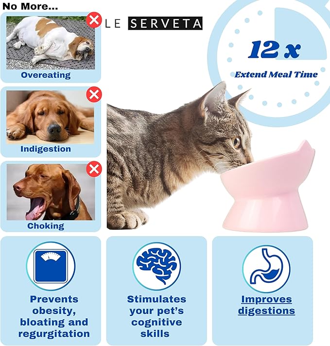 Macarons Series Ceramic Slow Feeder Cat Bowl, Raised Puzzle Feeder, Anti Vomiting Cat Slow Feeding, Elevated Food Bowl, Whisker Friendly Pet Bowl with Cute Ear Design (Pink)