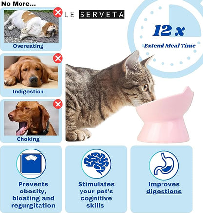 Macarons Series Ceramic Slow Feeder Cat Bowl, Raised Puzzle Feeder, Anti Vomiting Cat Slow Feeding, Elevated Food Bowl, Whisker Friendly Pet Bowl with Cute Ear Design (Pink)