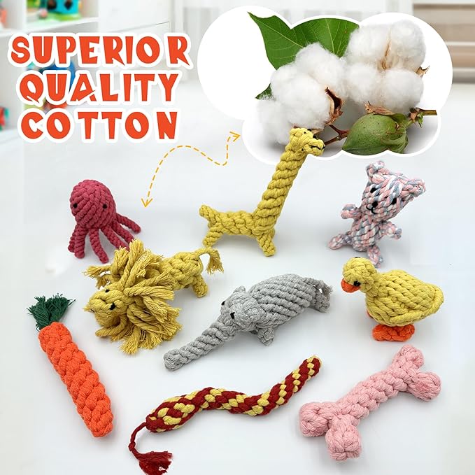 Dog Chew Toys for Small and Medium dogs, Animals and Fruits Shapes Cotton Rope Toys for Aggressive Chewers, Handwoven Interactive Dog Toys for Tug of War, Dental Health, Cleaning (9Pcs, Animals)
