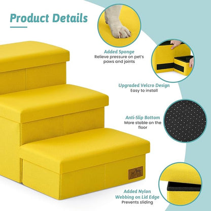 Dog Stairs with Storage, 3-Step Wider Sturdy Dog Steps for Small/Medium/Large Dogs and Older Cats, Folding Doggie Ramp for Bed/Couch/Car Hold Up to 180 lbs (16.7" H, Yellow)