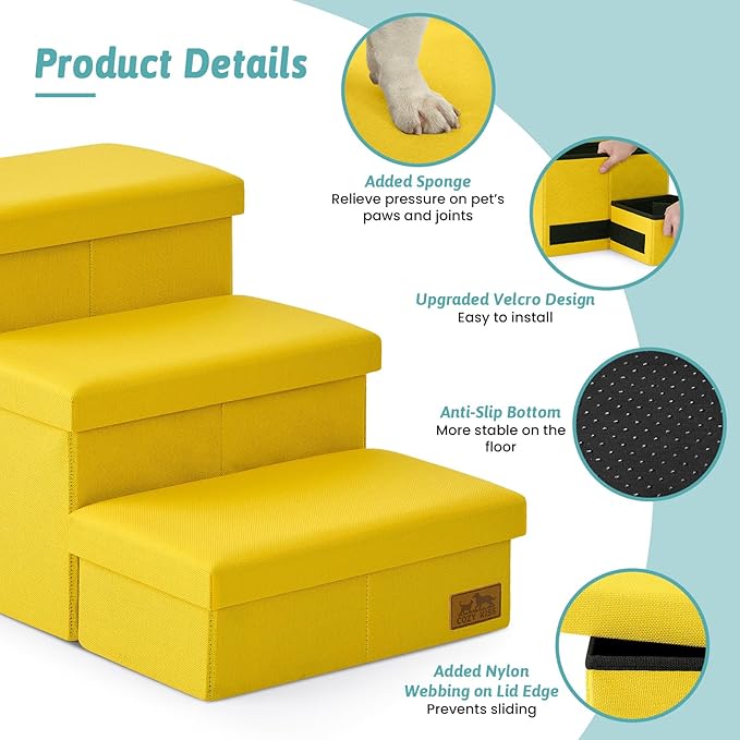 Dog Stairs with Storage, 4-Step Wider Sturdy Dog Steps for Small/Medium/Large Dogs and Older Cats, Folding Doggie Ramp for Bed/Couch/Car Hold Up to 180 lbs (22" H, Yellow)