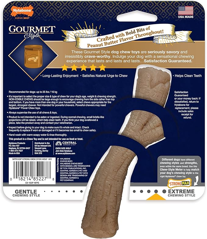 Nylabone Gourmet Style Stick Strong Chew Toy for Dogs, Peanut Butter Flavor, Medium - Up to 35 lbs, 1 Count