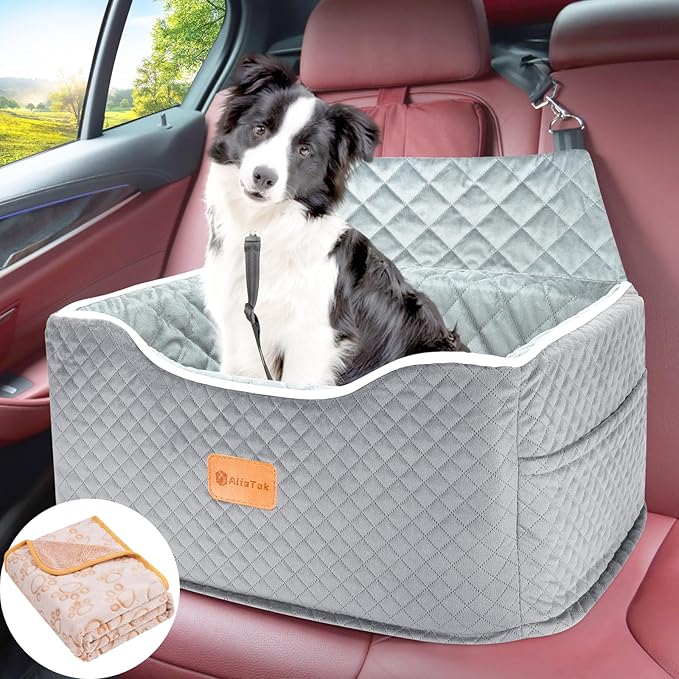 AlfaTok Memory Foam Booster Dog Car Seat for Medium Dogs Under 45 LBS, Elevated Pet Car Seat with Detachable Washable Cover, Anti-Slip Sturdy Dog Booster Seat with Seat Belt for Back Seat Travel