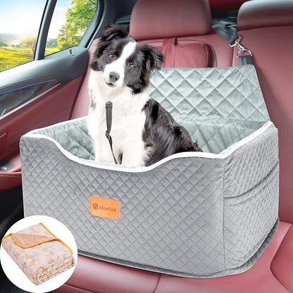AlfaTok Memory Foam Booster Dog Car Seat for Medium Dogs Under 45 LBS, Elevated Pet Car Seat with Detachable Washable Cover, Anti-Slip Sturdy Dog Booster Seat with Seat Belt for Back Seat Travel