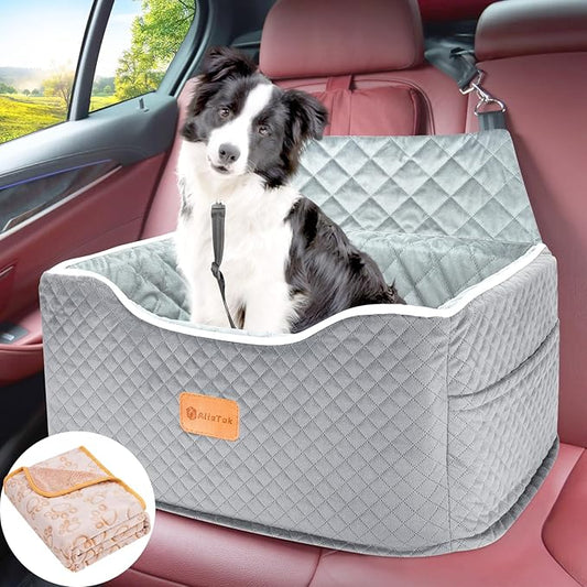 AlfaTok Memory Foam Booster Dog Car Seat for Medium Dogs Under 45 LBS, Elevated Pet Car Seat with Detachable Washable Cover, Anti-Slip Sturdy Dog Booster Seat with Seat Belt for Back Seat Travel