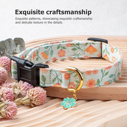 Cotton Handmade Dog Collar Cute and Distinctive Patterns Green Sunflower with Pendant for Girl Boy Dogs Collars M